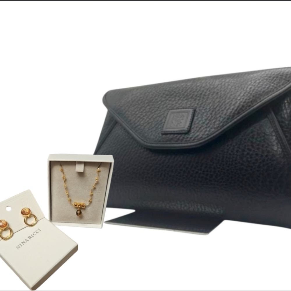 Nina Ricci Bundle! Leather Envelope Clutch & NWT Necklace + Earrings